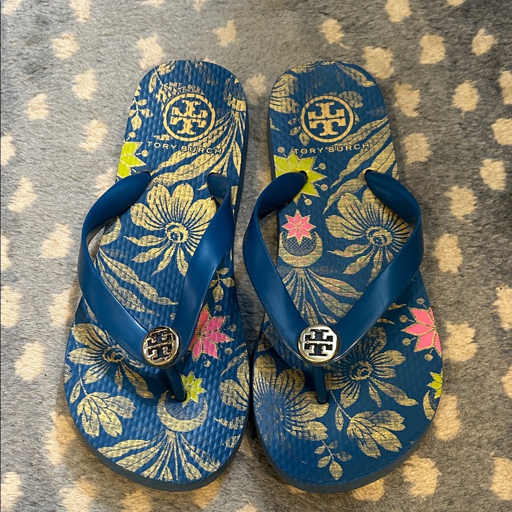 Tory Burch Navy and Gold Floral Sandals 7